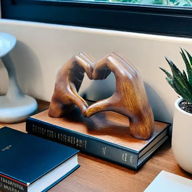 HeartGlow – Resin Heart Gesture Sculpture with Wood Grain Finish
