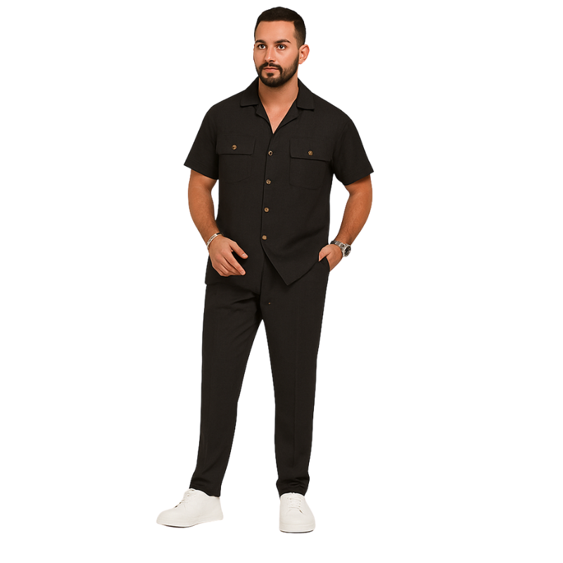 Harold – Short Sleeve Shirt 2-Piece Set with Pockets and Long Pants
