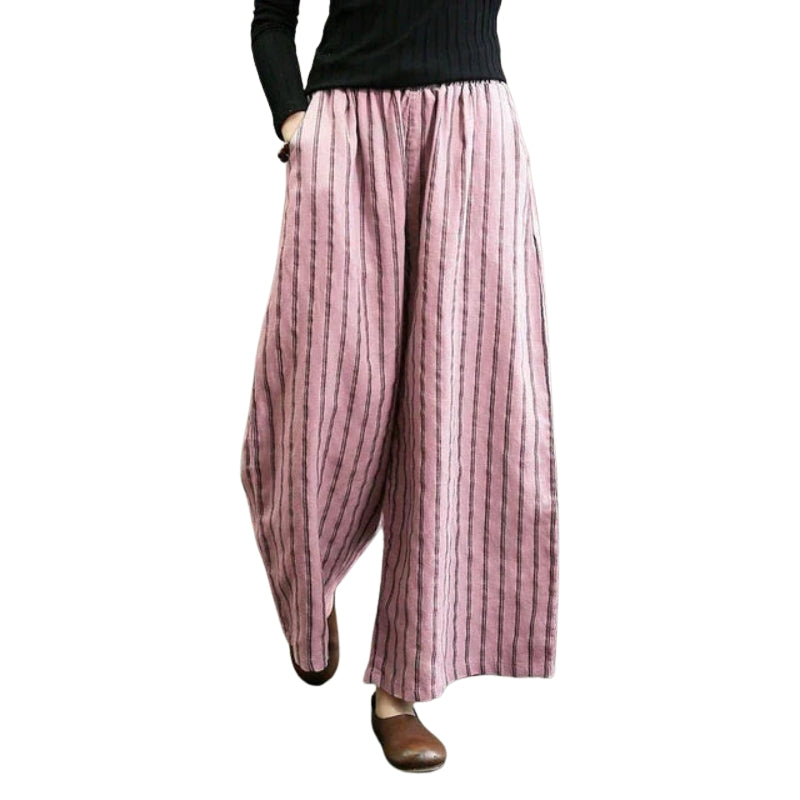 Raya – Pantaloni largi cu dungi, buzunare laterale și croială lejeră