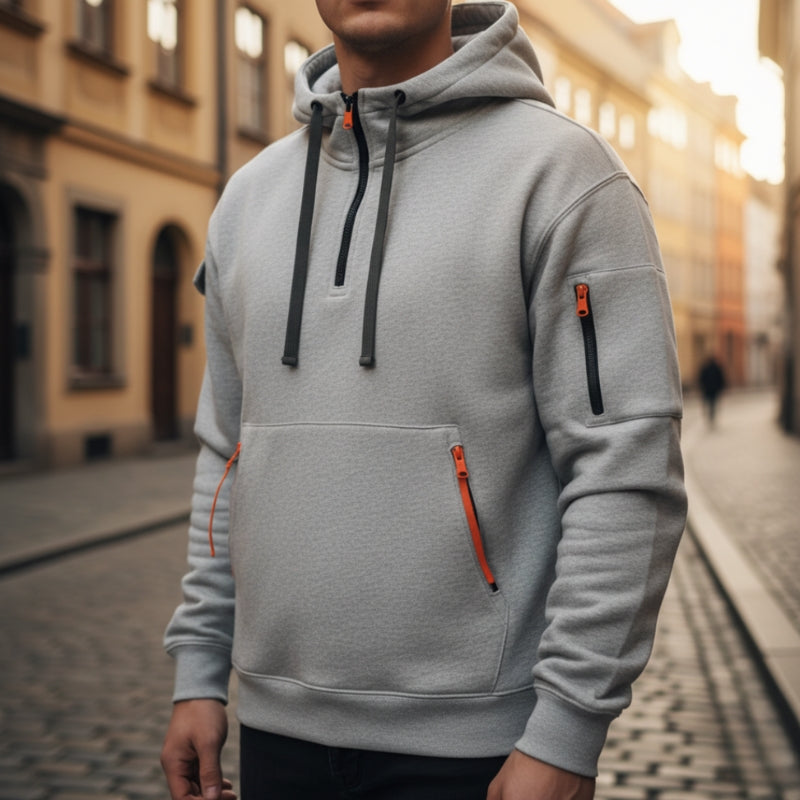 Cason - Long sleeve half zipper hoodie and side pockets