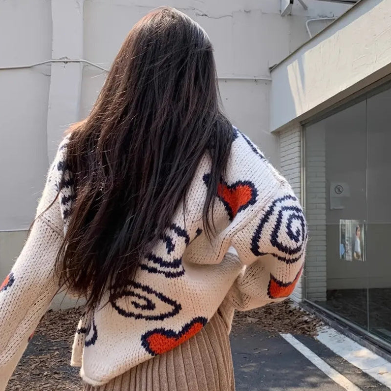 Amber – Pull oversize à manches longues col rond avec motif cœur