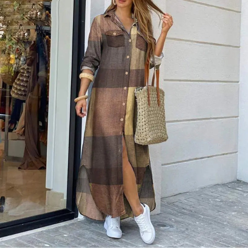 Maria – Robe chemise longue et stylée à manches longues avec fermeture boutonnée devant