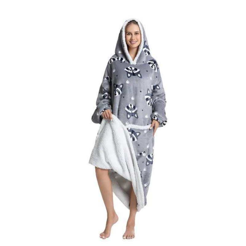 ReversaWarm - Extra Long Fleece Hoodie Blanket With Raccoon Design