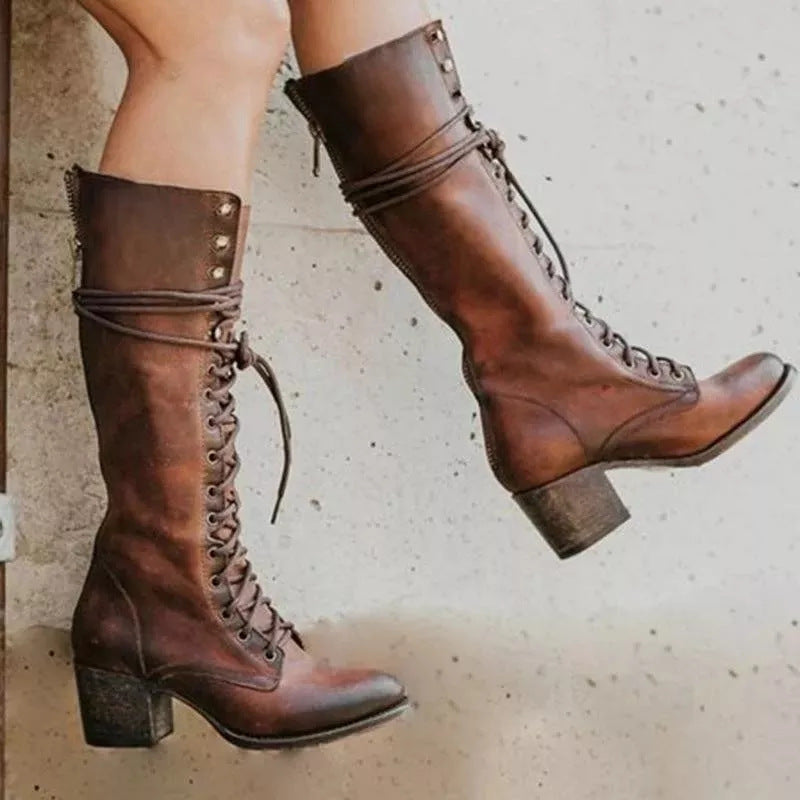 Bottes montantes à lacets pour femmes avec talon bloc