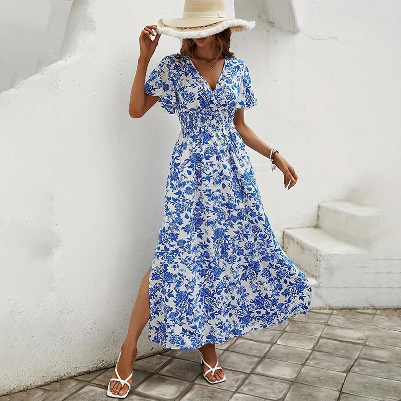 Robe longue femme à col en V avec motif imprimé
