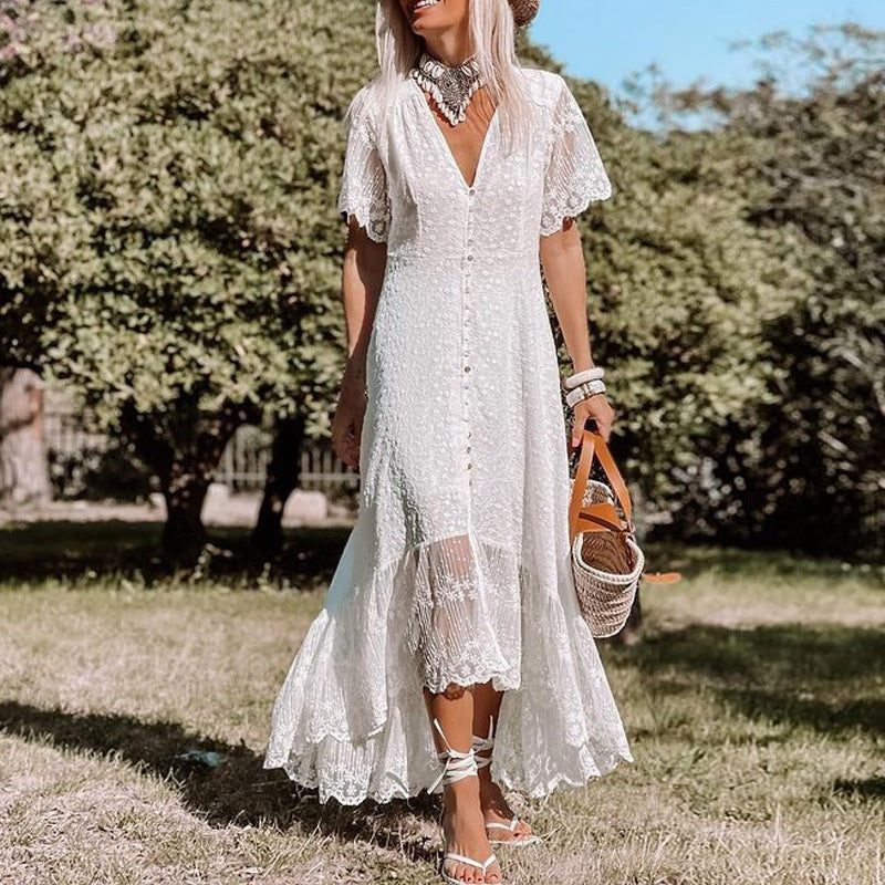 Loose Fit Short Sleeve Dress with V-Neck
