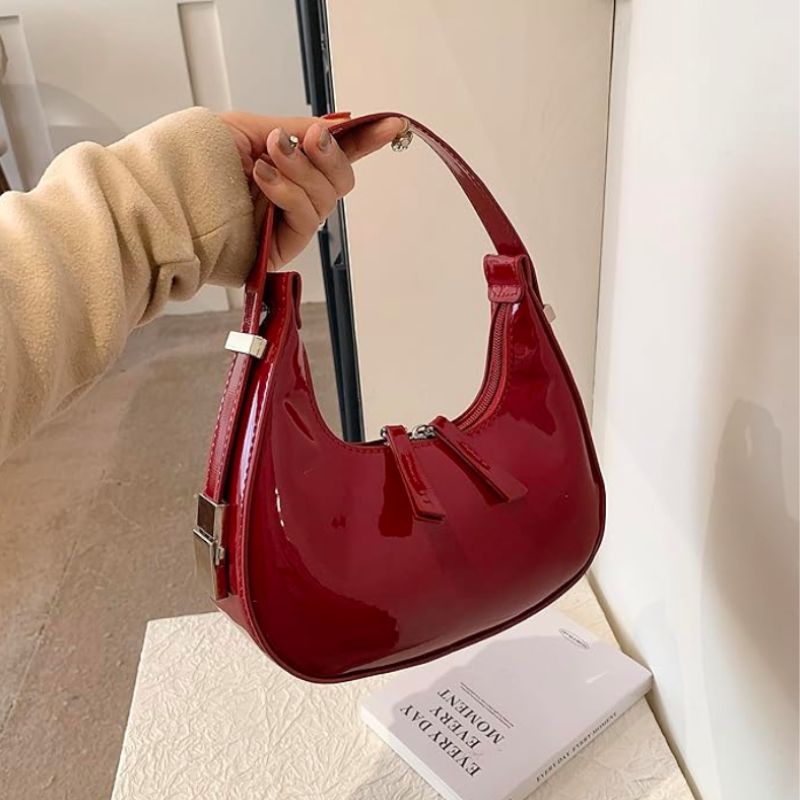Glossy Leather Half Moon Handbag