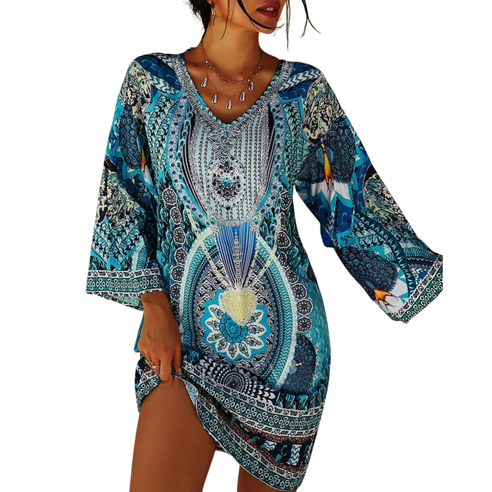 Liana - Mini-robe bohème élégante à col en V et manches longues