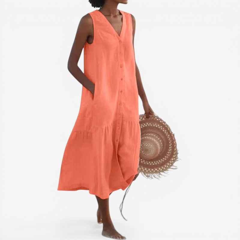 Robe mini sans manches à col en V avec boutons sur le devant et poches pour femme