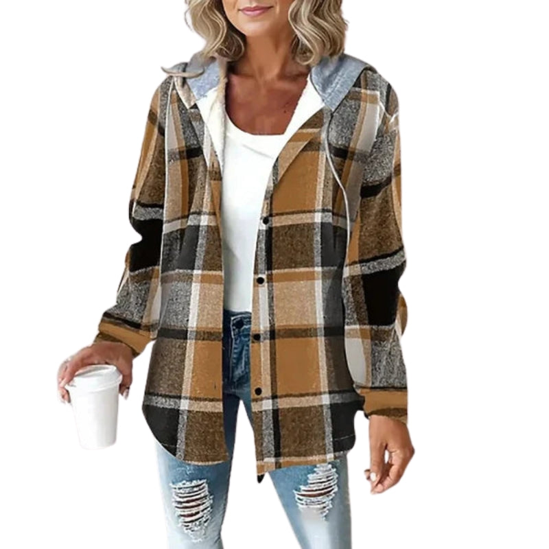 Amelia - Hooded Jacket with Button Closure and Check Pattern