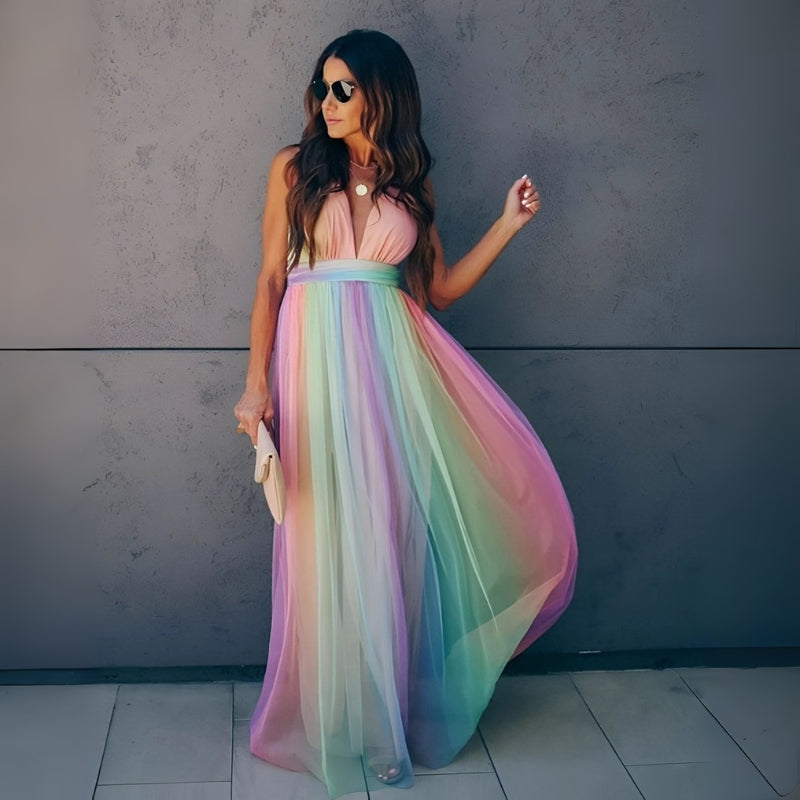 Kiera - Rochie maxi fără mâneci cu imprimeu curcubeu și decolteu în V