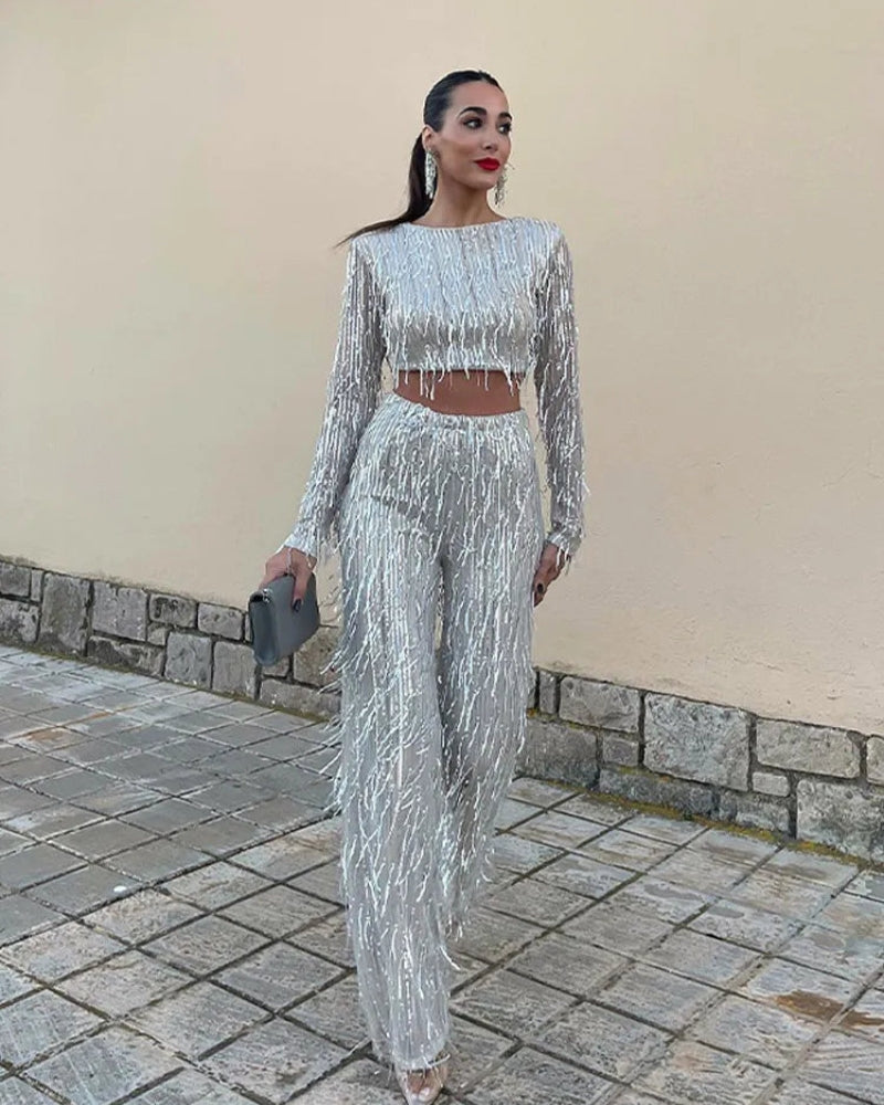 Emily - Set elegant două piese cu top cu mâneci lungi și pantaloni stilati