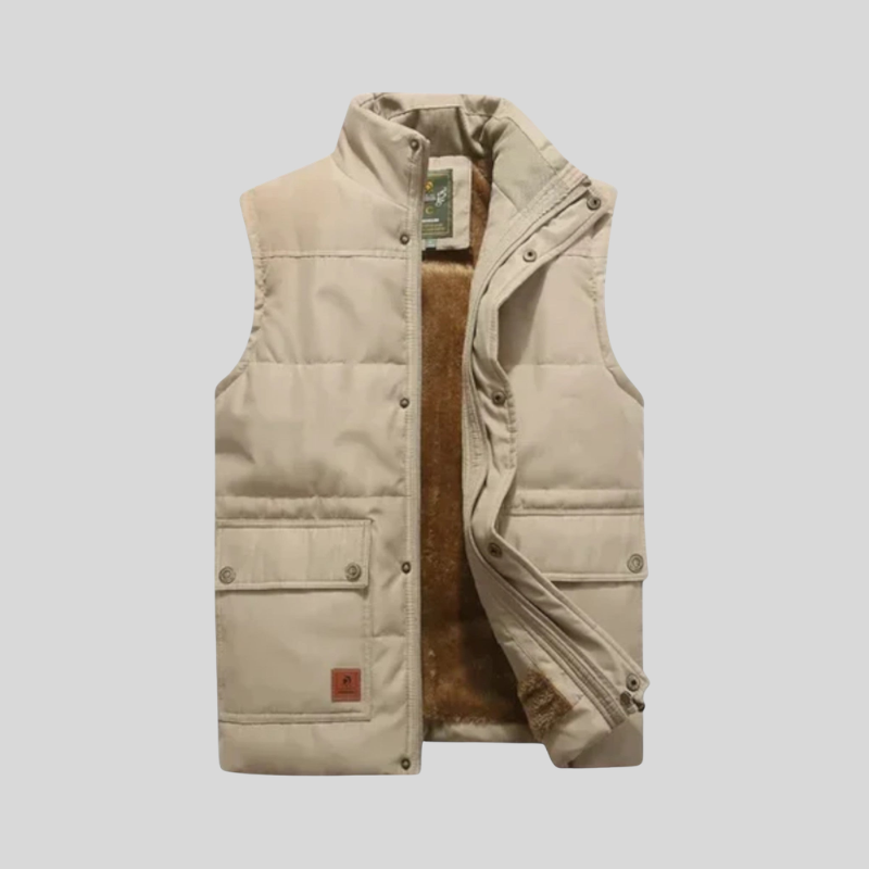 Men's Sleeveless Jacket with Button and Zip Closure