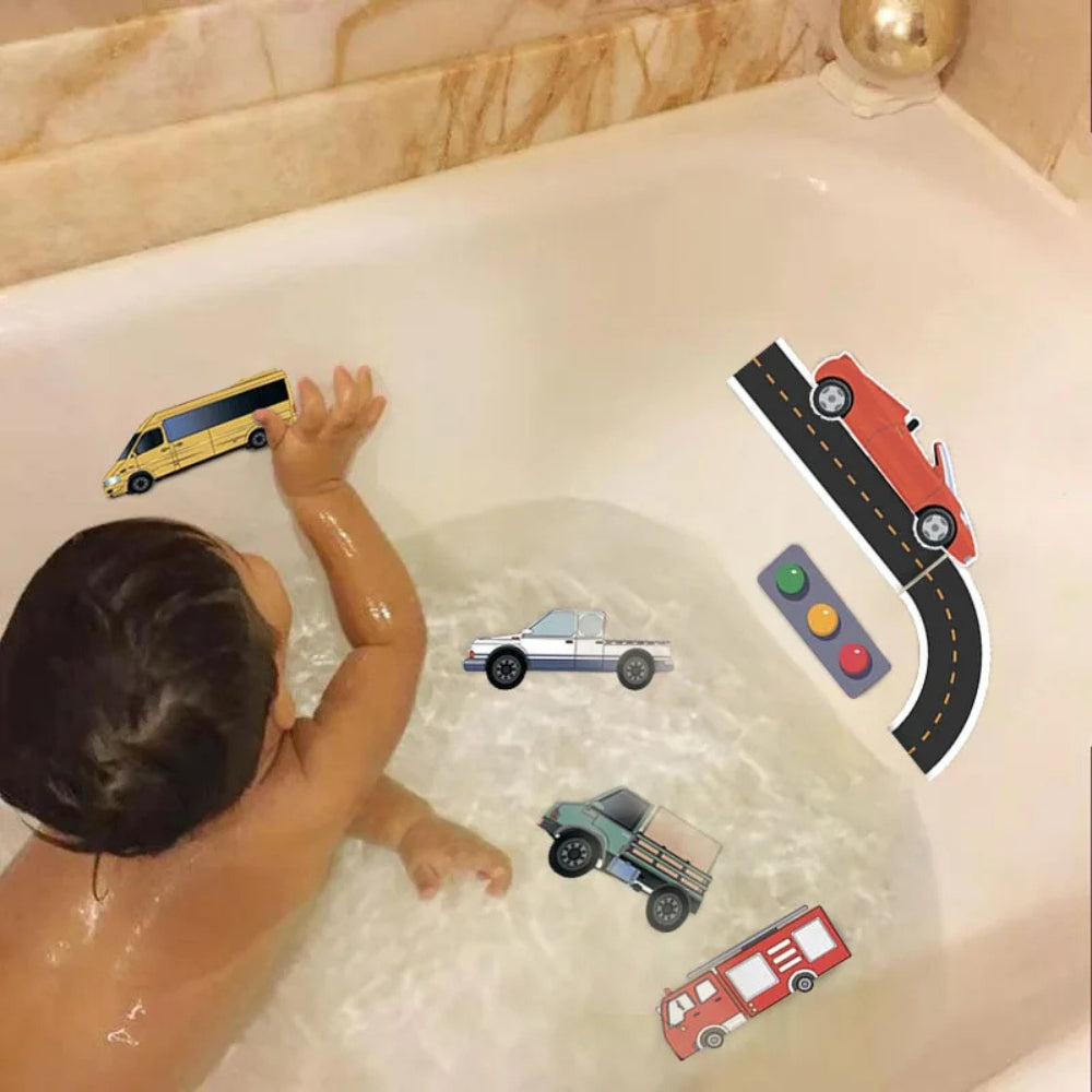 SoapyDrive - Set auto da bagno con strade in gomma piuma autoadesive e design fantasioso per gioco d’acqua