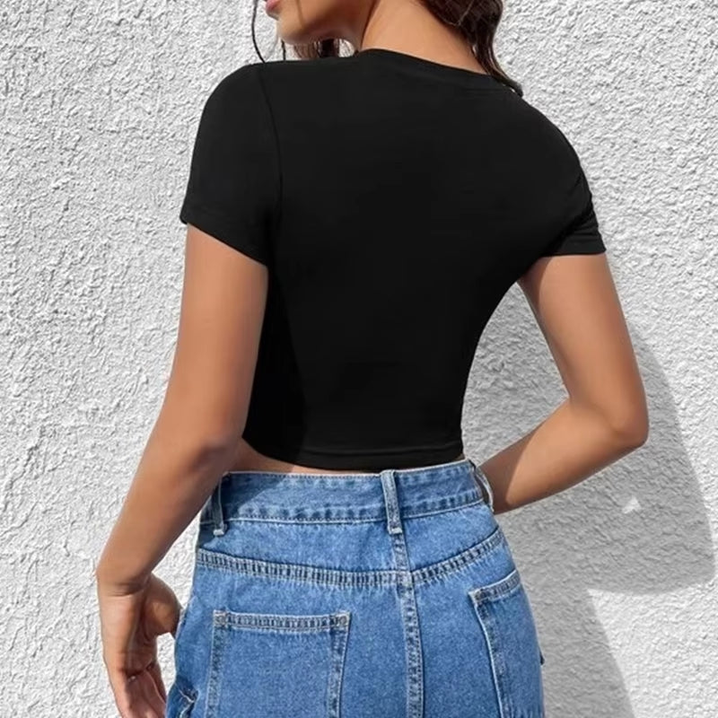 Riley - Crop top s motýlím potiskem a kulatým výstřihem