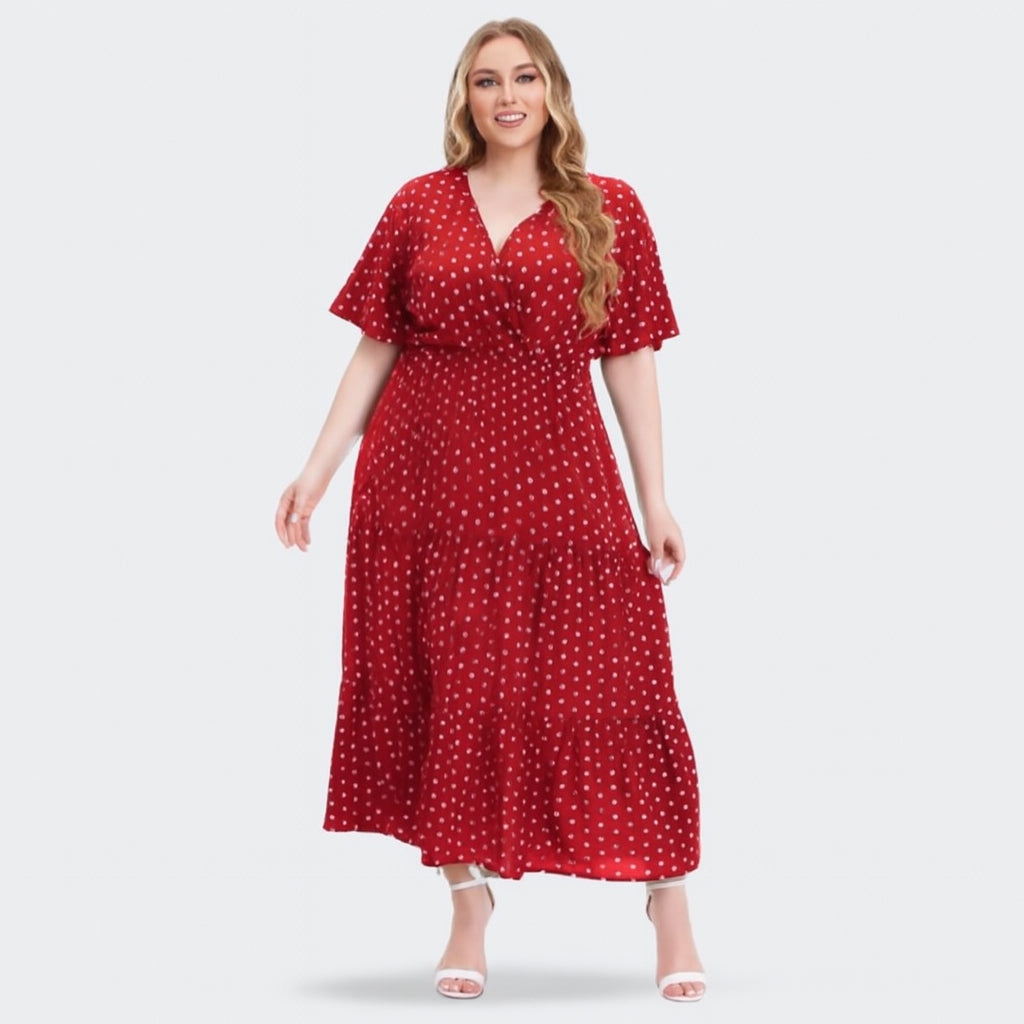 Ingrid - Plus size boho maxi šaty s puntíky a výstřihem do V