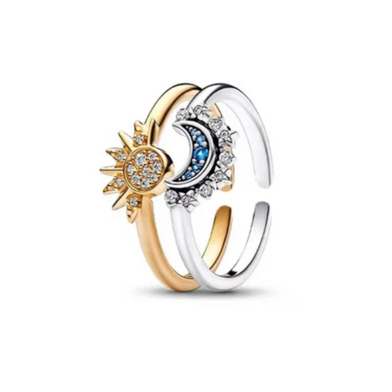 Jasmin – Set di Anelli Regolabili in Metallo per Coppia con Cristalli Sole e Luna