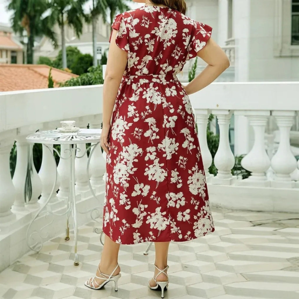 Yvonne - Sukienka midi plus size w kształcie litery A z kwiatowym wzorem i dekoltem w serek