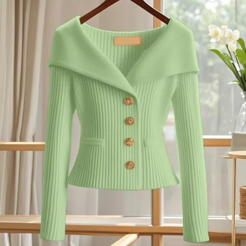 Women’s Off-Shoulder Button-Front Knit Sweater with Pockets