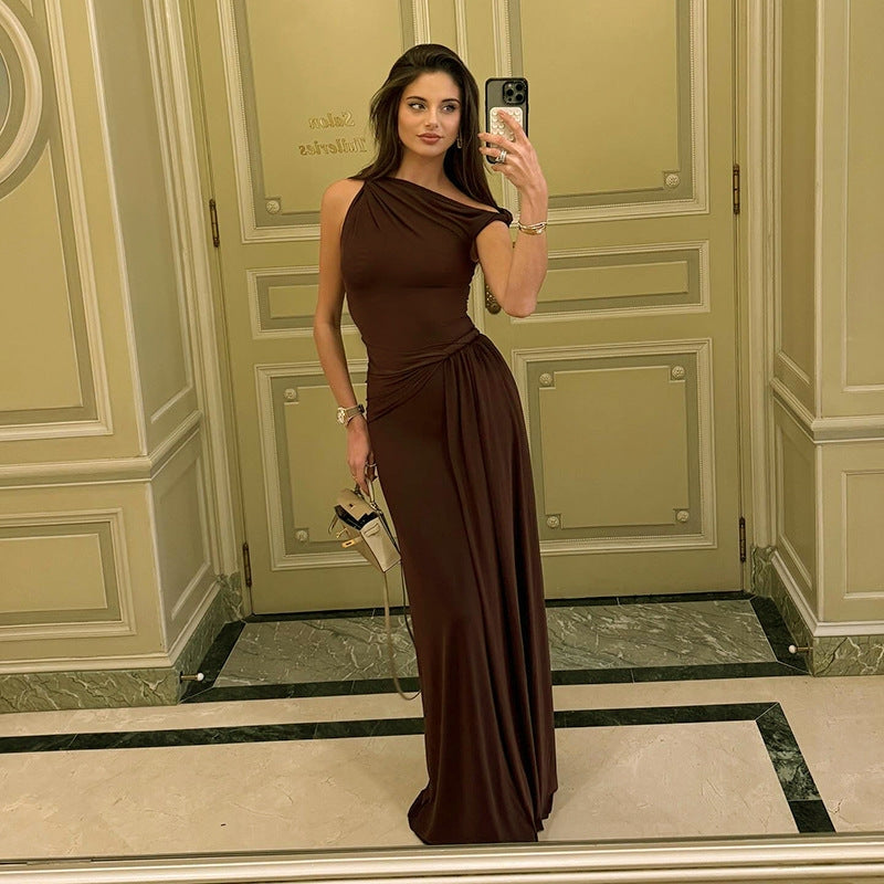 Violet - Rochie Maxi cu Croială Asimetrică și Drapaj