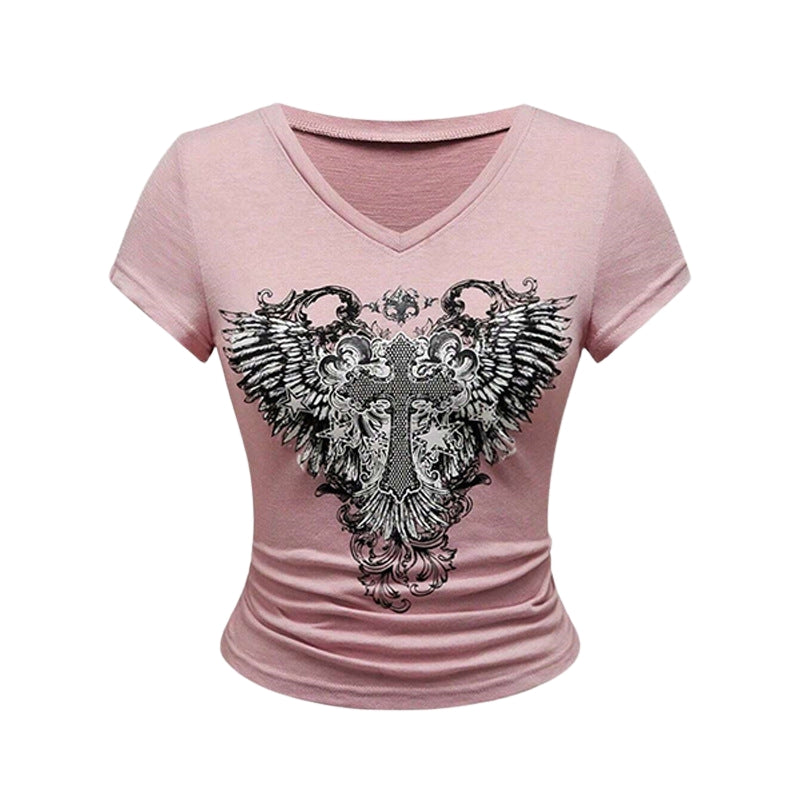 Layla - T-shirt z Graficznym Wzorem i Dekoltem w Serek