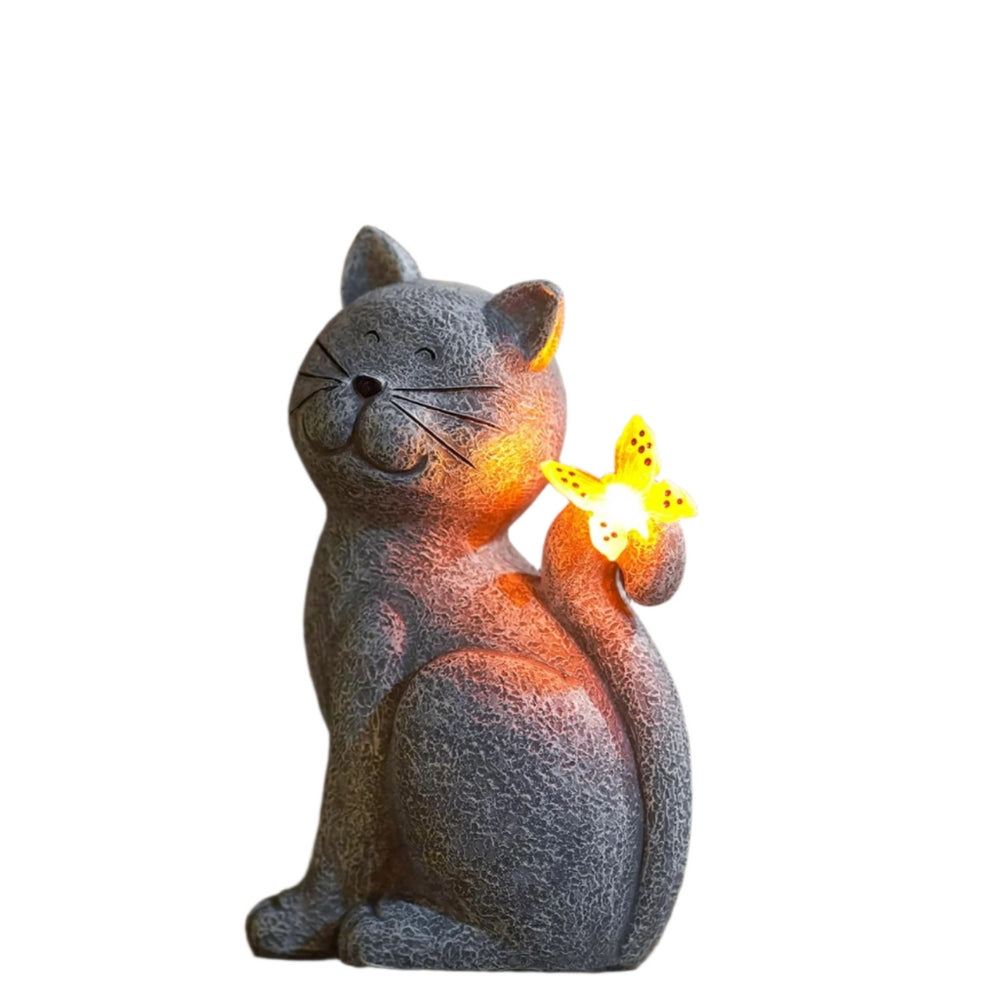 CatyLume - Figurină solară de pisică cu fluture și corp rotund de felinar pentru decor de grădină