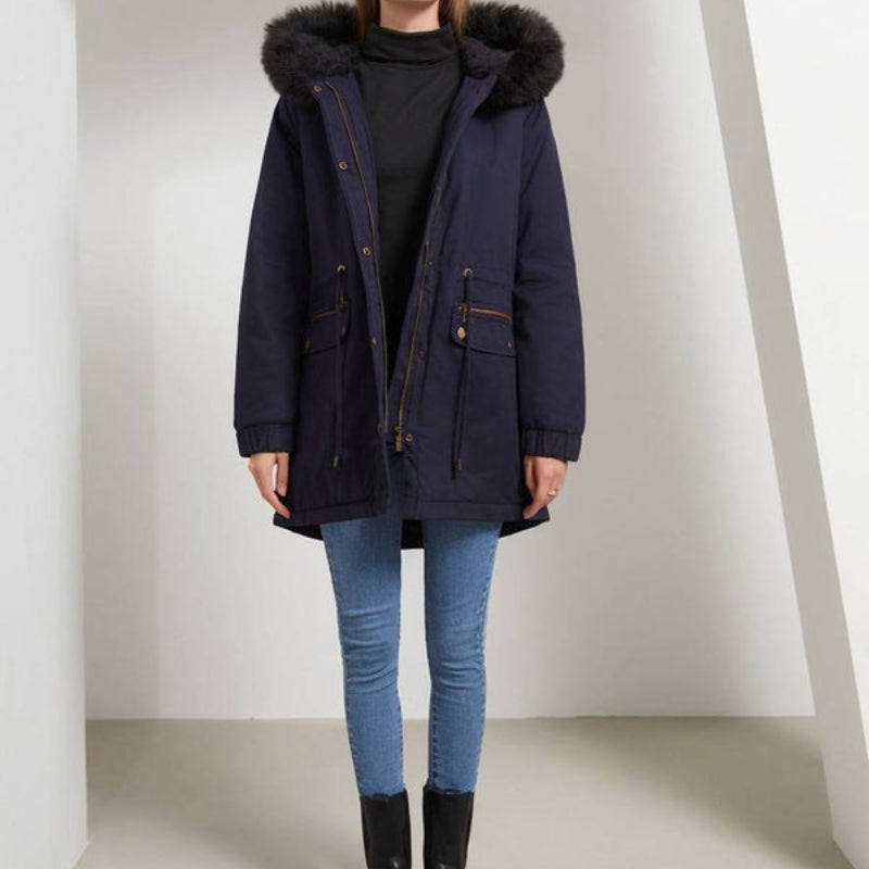 Naomi – Long Sleeve Fur Hooded Coat with Buttons