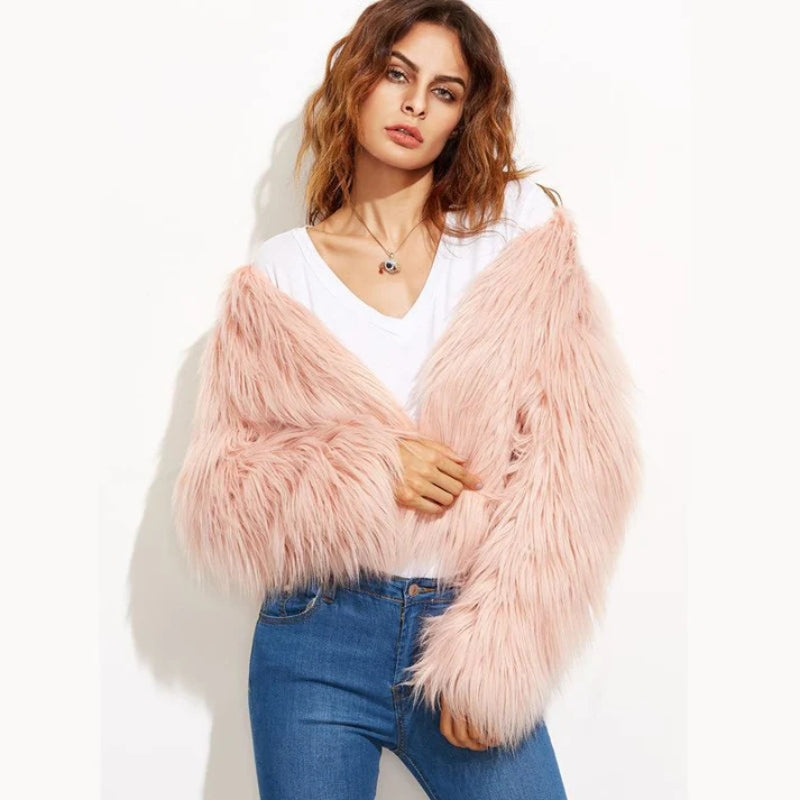 Aveline – Long Sleeve Faux Fur Jacket with Round Neck