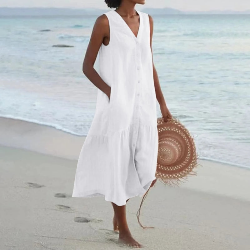 Robe mini sans manches à col en V avec boutons sur le devant et poches pour femme