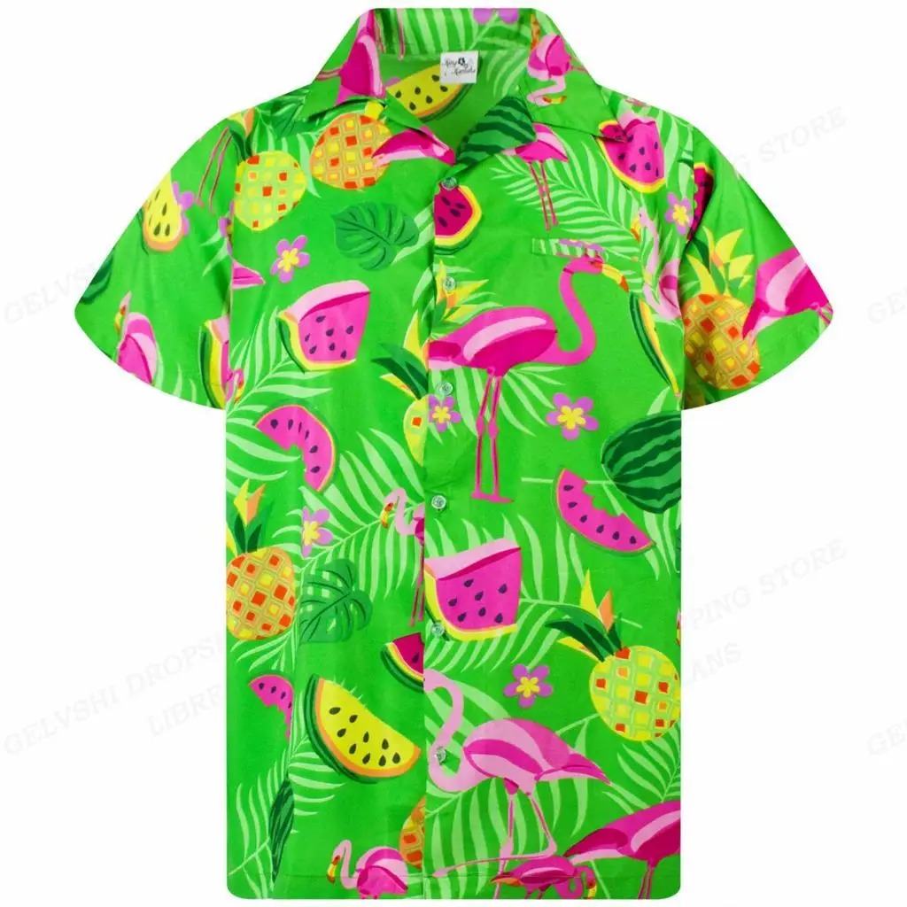 Marco - Camicia con stampa tropicale di fenicotteri e maniche corte