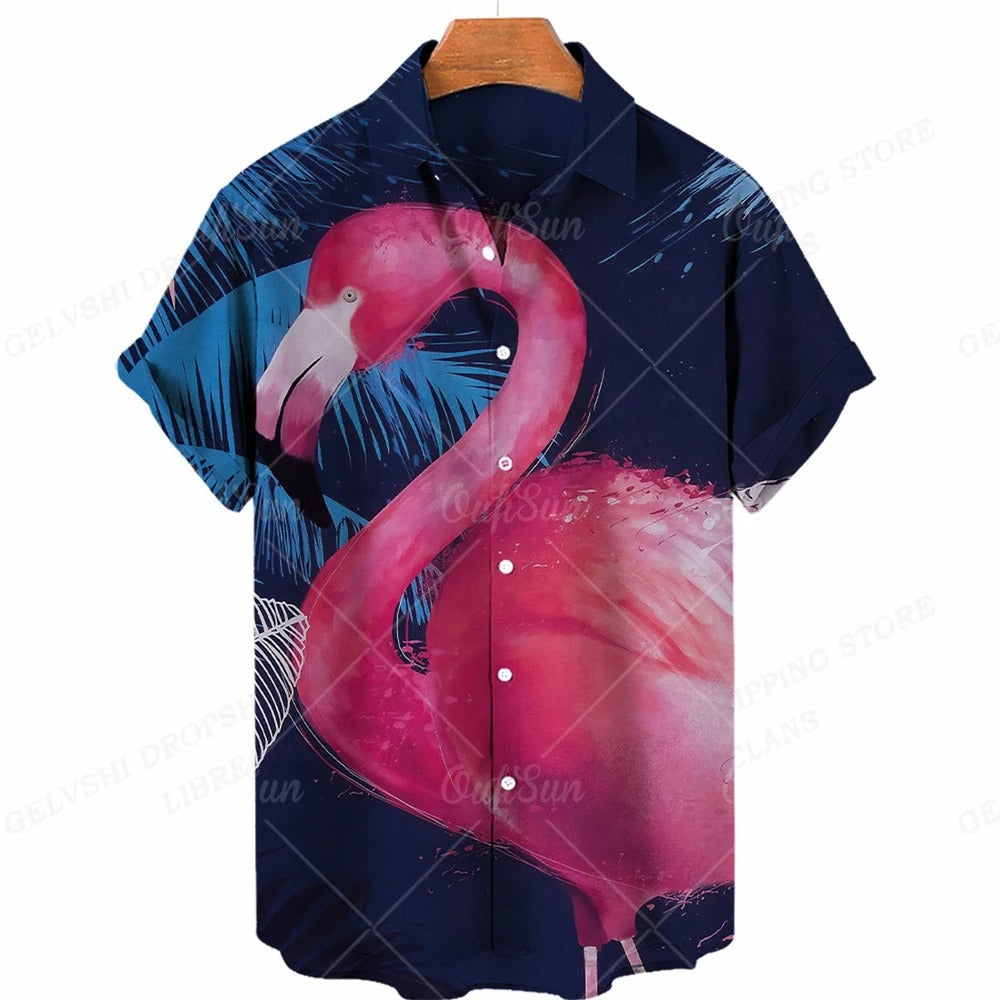 Marco - Camicia con stampa tropicale di fenicotteri e maniche corte