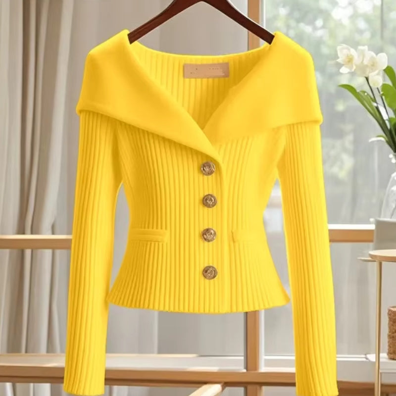 Women’s Off-Shoulder Button-Front Knit Sweater with Pockets