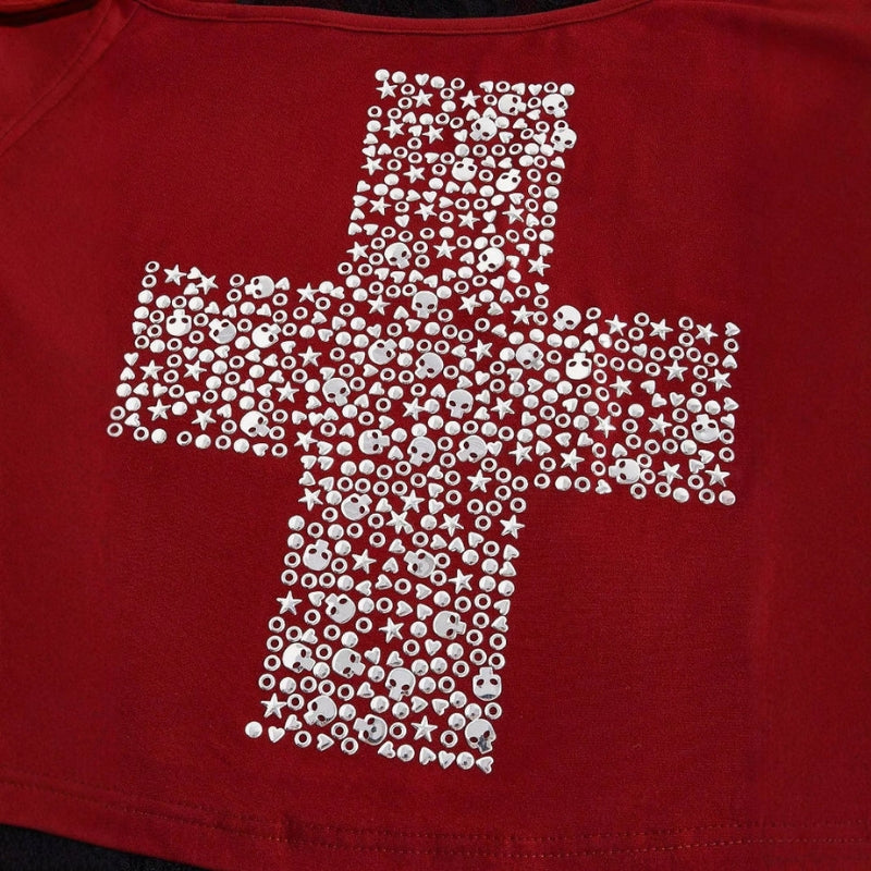 Elena - Asymmetrical Top with Long Sleeves and Shiny Cross Design