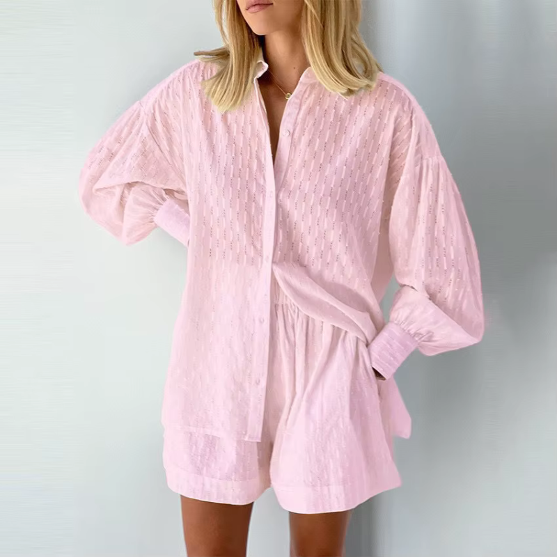 Conjunto de 2 Peças para Mulher com Camisa de Mangas Bufantes e Calções