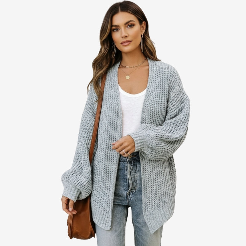 Haley – Long Sleeve Cardigan with Open Front and Ribbed Detail