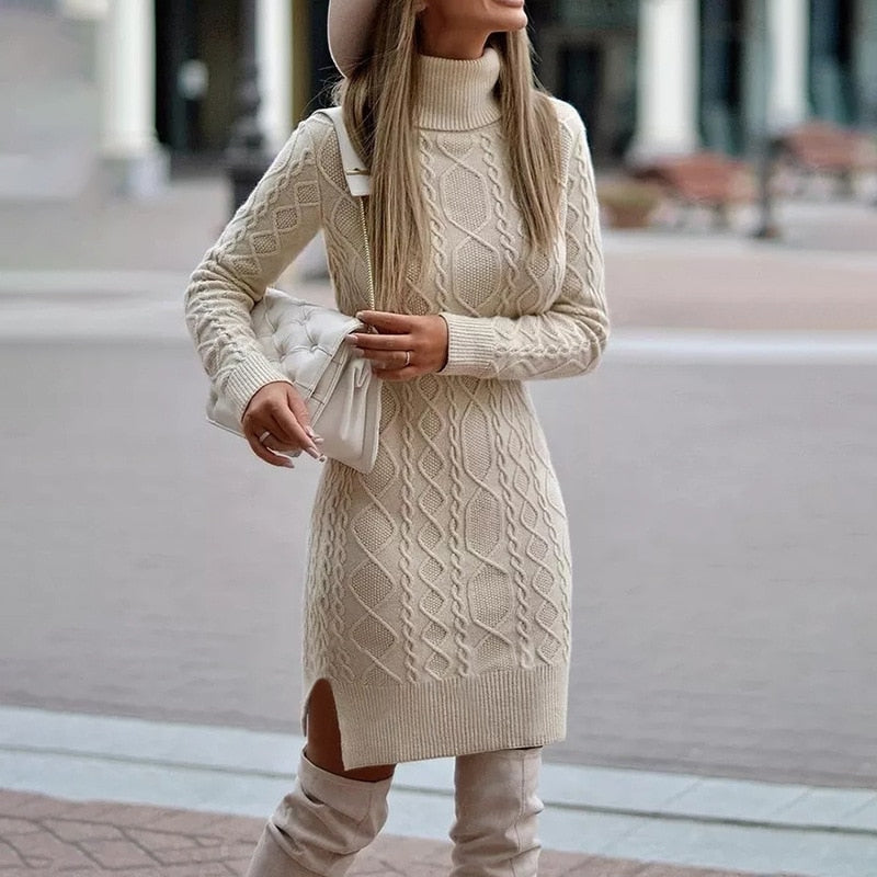 Karen - Lange Mouwen trui Jurk met Ronde Hals en Geribd Detail