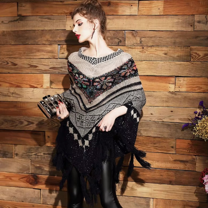 Poppy – Șal lejer imprimat, cu mâneci lungi, decolteu în V și ciucuri