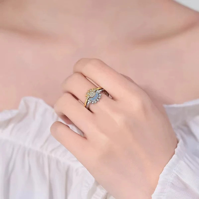 Jasmin – Set di Anelli Regolabili in Metallo per Coppia con Cristalli Sole e Luna