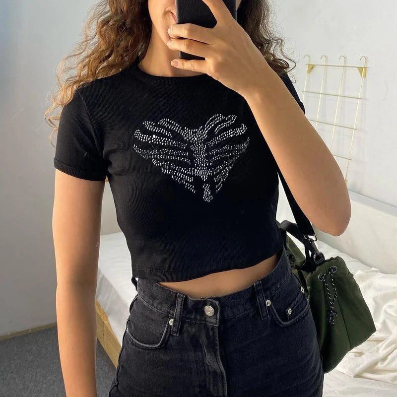 Riley - Crop top s motýlím potiskem a kulatým výstřihem