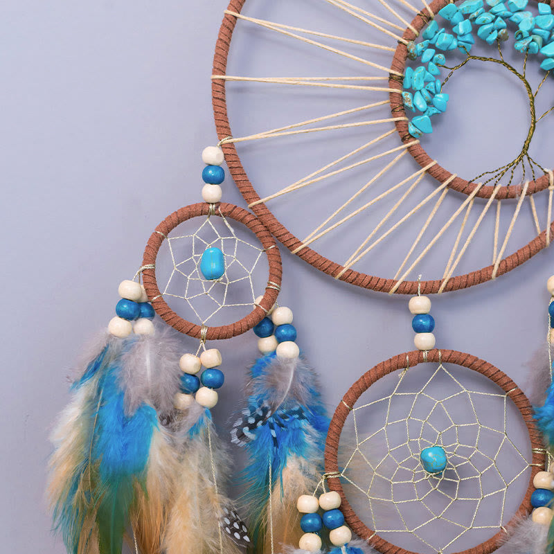 DreamAura – Turquoise Tree of Life Droomvanger met Veren voor Boho-geïnspireerde Decoratie