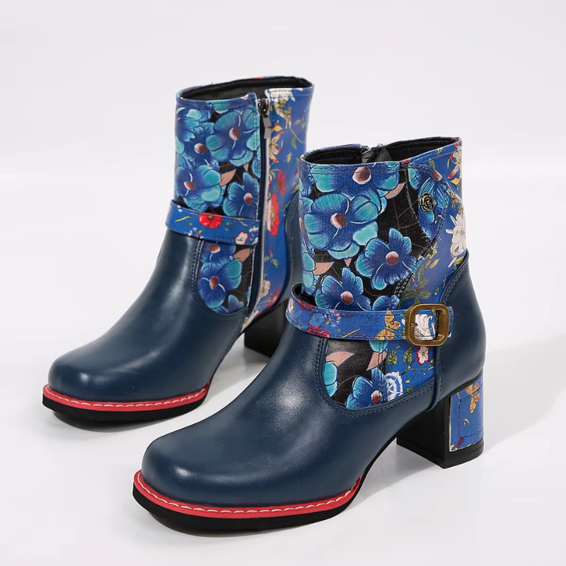 Salyra - Women's Salyra Ankle Boots | Round Toe, Floral Print, PU | Side Zip & Buckle Closure | 36–43