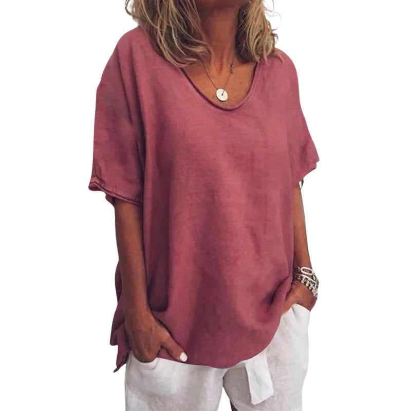 Evelyn - Bluza cu decolteu în V, mâneci scurte și croială lejeră