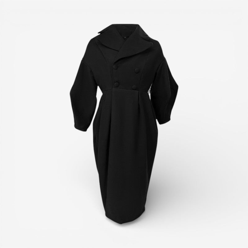 Elena - Long Sleeve Long Coat with Lapel Collar