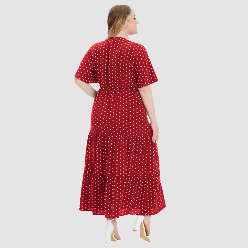 Ingrid - Plus size boho maxi šaty s puntíky a výstřihem do V