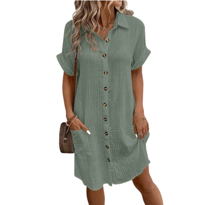 Clara – Knee-Length Shirt Dress with Short Sleeves and Pockets