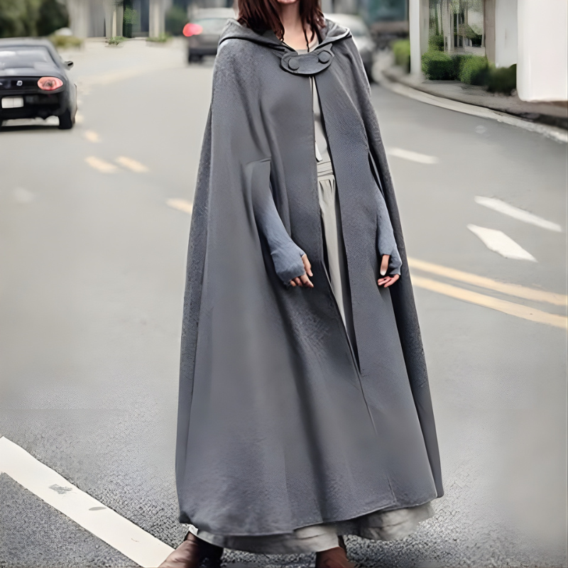 Lina - Cappotto poncho lungo con cappuccio asimmetrico