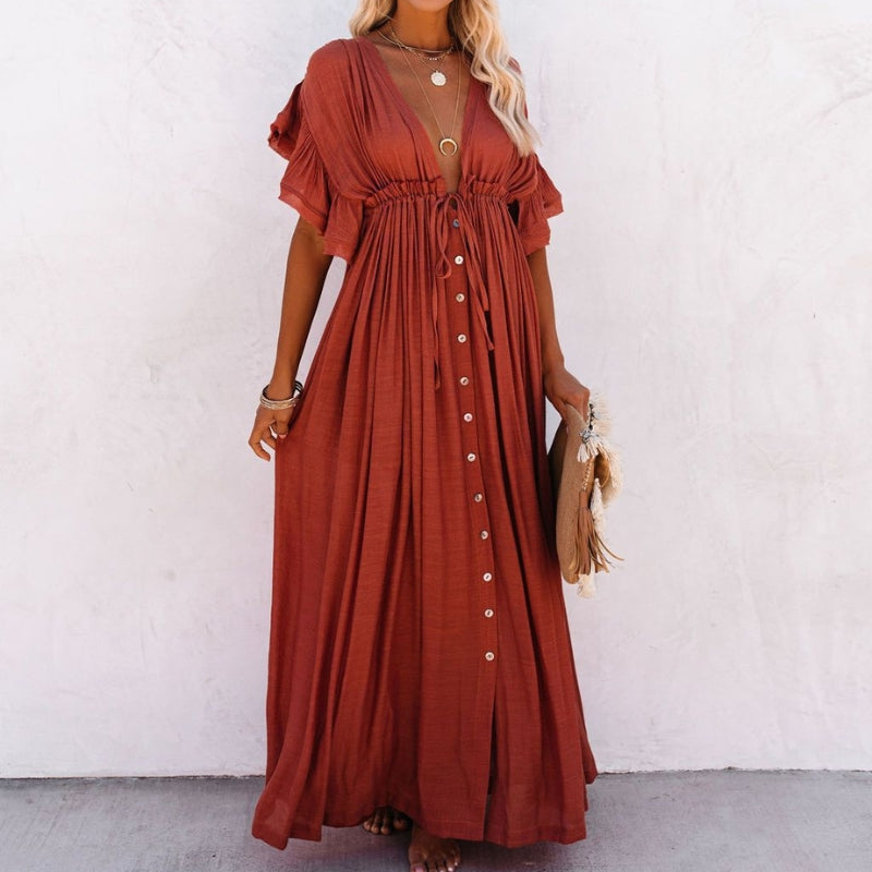 Women’s V-Neck Button-Front Maxi Dress