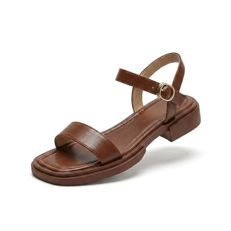 Women's Round Toe Low Heel Sandals with Adjustable Buckle Strap