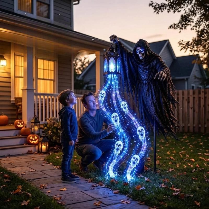 Reapora – Decorazione di Halloween con mietitore illuminato e lanterna LED