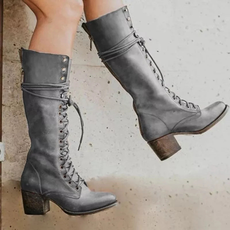 Bottes montantes à lacets pour femmes avec talon bloc